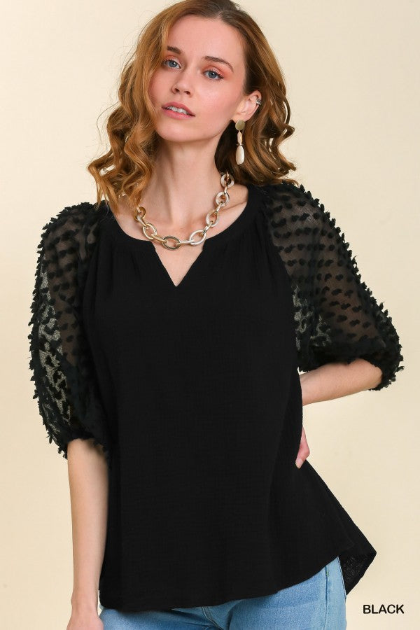 Umgee Floral Applique detail cuffed split neck top