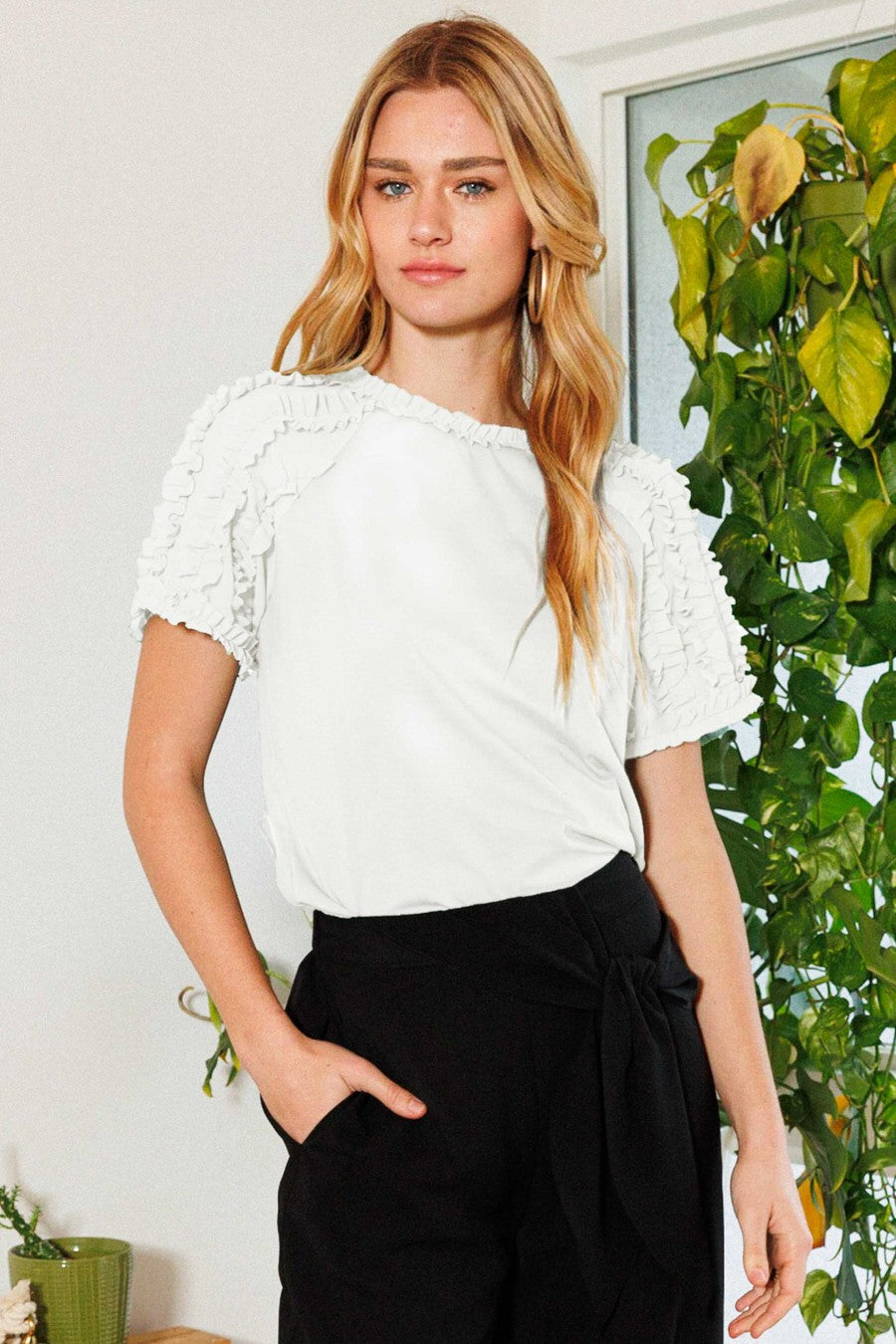 ODDI Ruffle Detailed Solid Knit Top