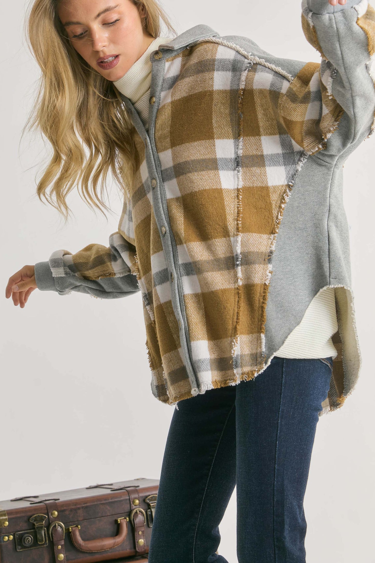 Davi & Dani Mixed Plaid Button Front Jacket