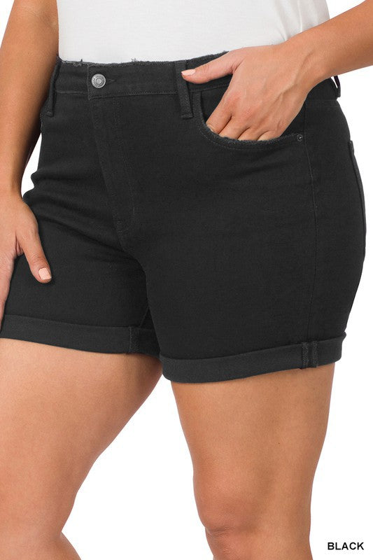 Zenana Black High-Rise Cuffed Shorts