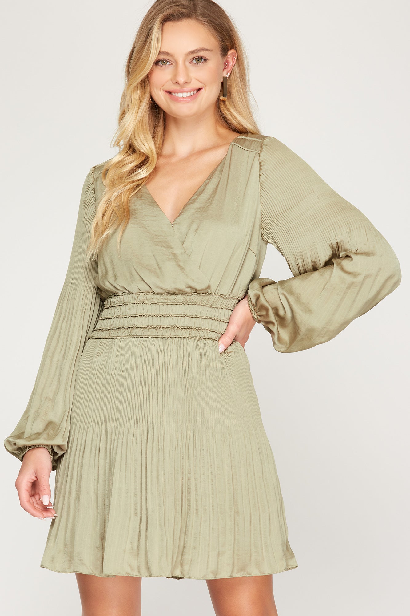 She + Sky Long Sleeve Satin Dress S / Olive She + Sky Long Sleeve Satin Dress S / Olive