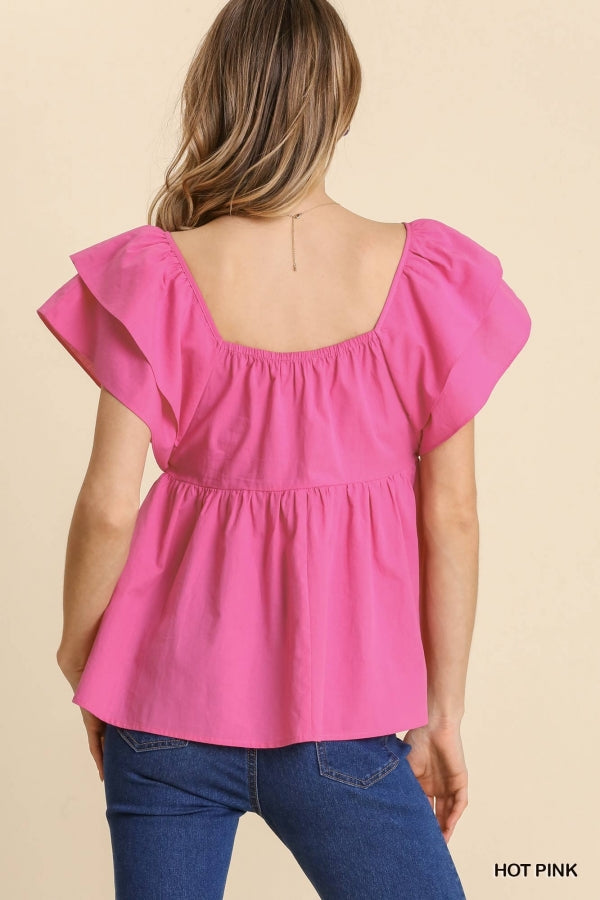 Umgee Smocked Poplin Short Sleeve Ruffle Top