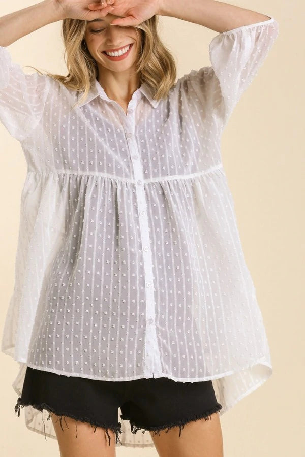 Umgee Sheer 3/4 Sleeve Polka Dot Collar Button Down Tunic