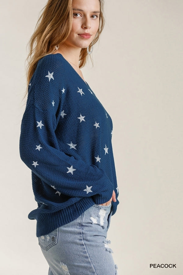 Umgee Star Print V-Neck Sweater
