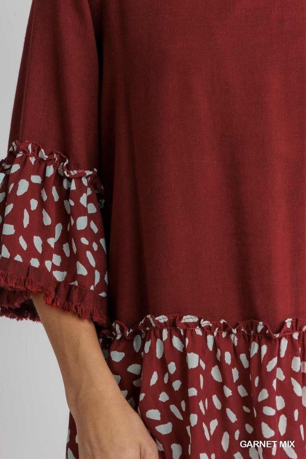 Umgee Linen Blend Animal Print Top with Frayed Hem