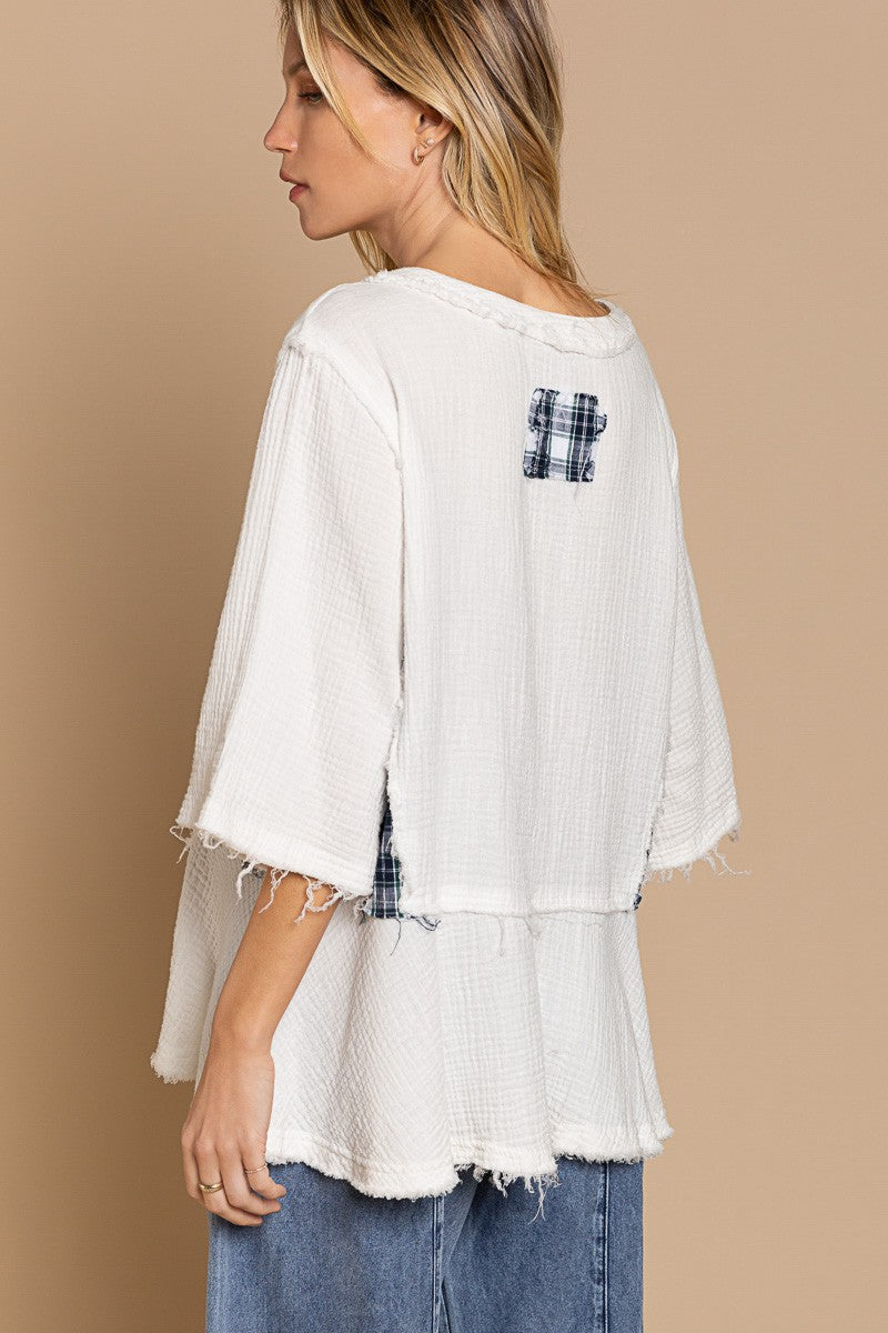 POL DBL. Gauze Short Sleeve Top with Plaid Contrast