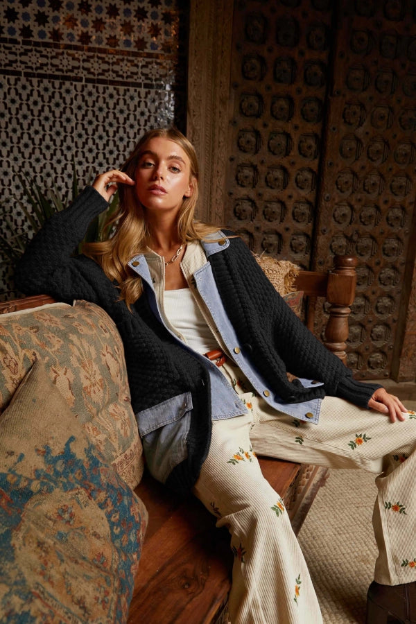 Davi & Dani Denim Collar Chunky Sweater Cardigan