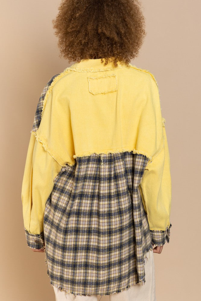 POL Oversized Distressed Edge Detail Plaid Shacket