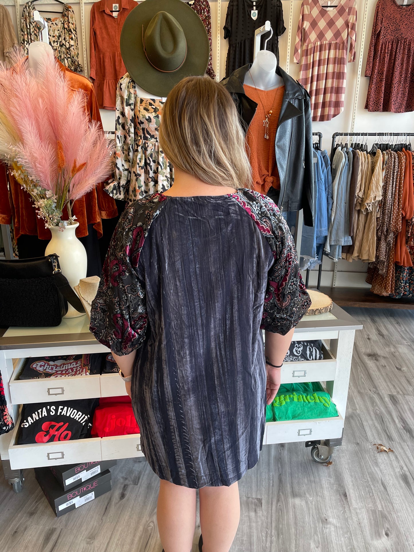 Umgee Velvet High Low Dress With Patterned Sleeves