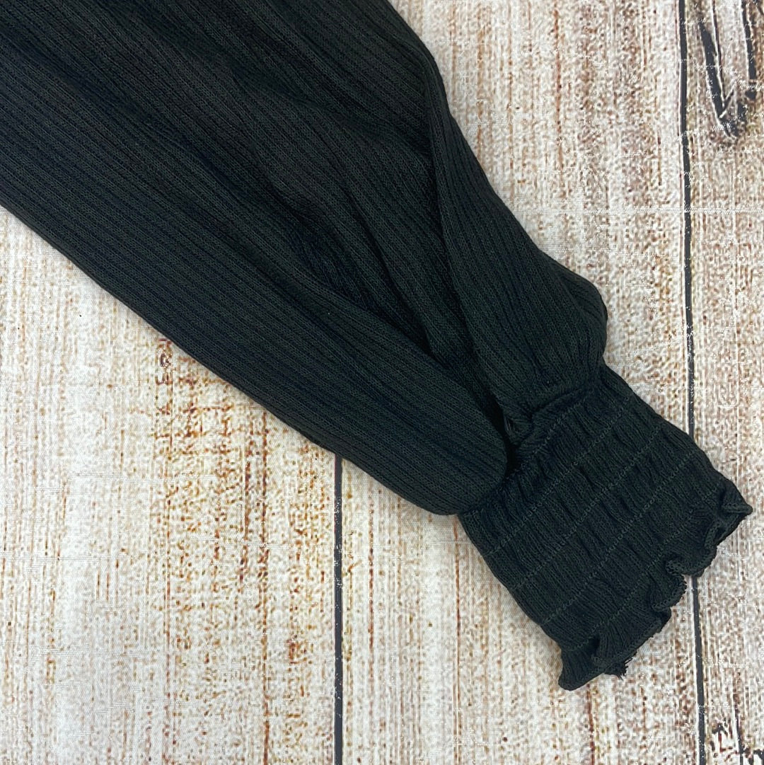 Lime 'N' Chili Rib Round Neck Balloon Sleeve Top