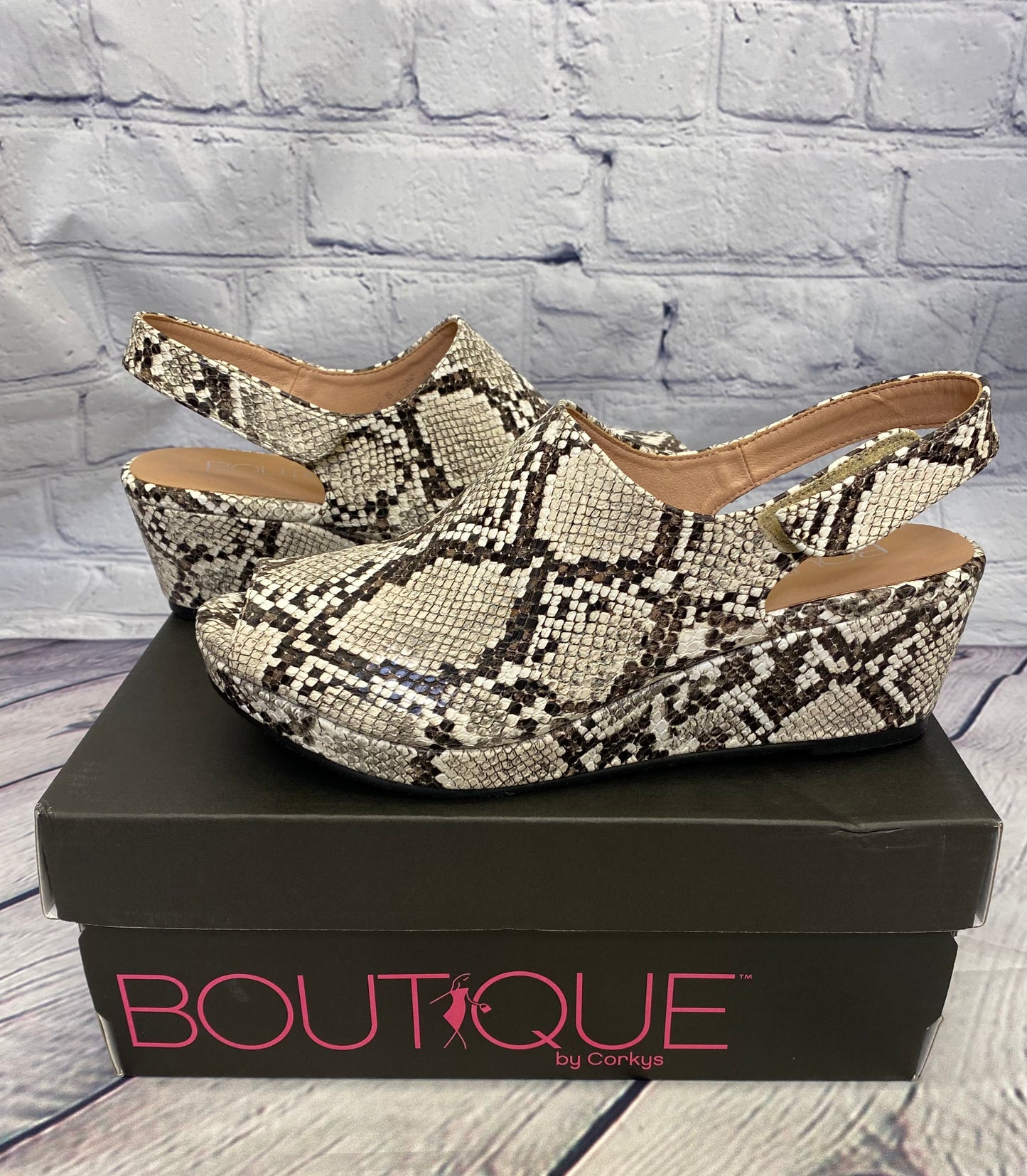 Corkys Black and White Snake Peep Toe