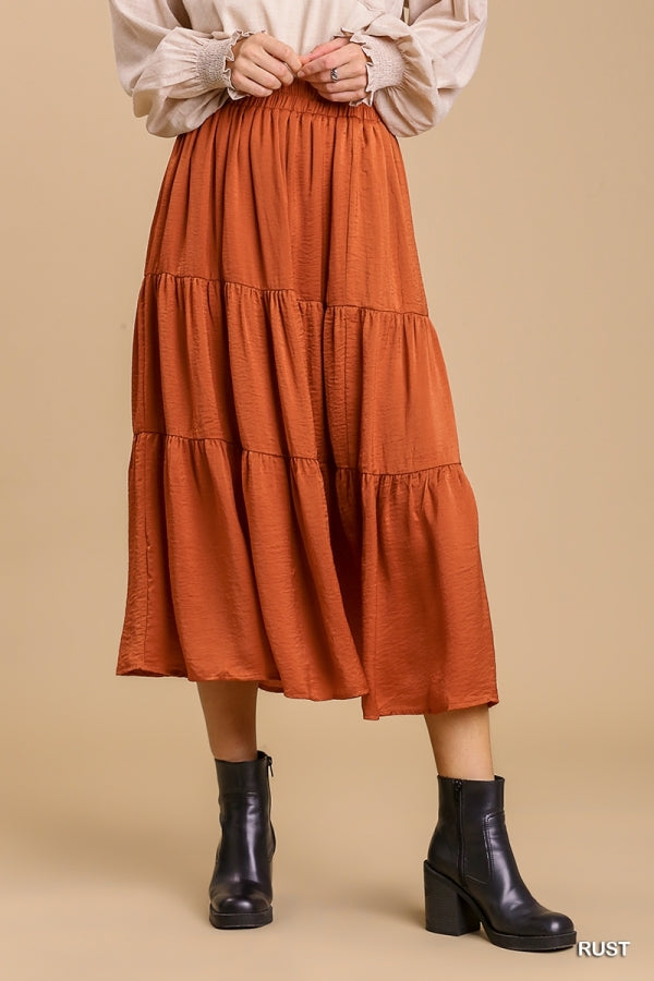 Umgee Elastic Waist Band Tiered Skirt with Lining