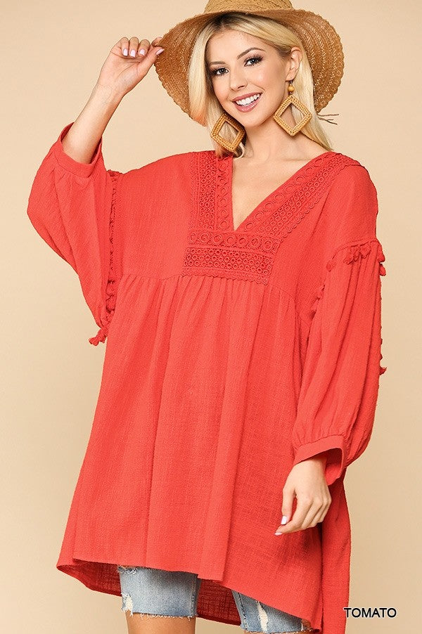 GiGiO Crochet V-Neck Swing Top Hi-Lo Hem Top/ Dress