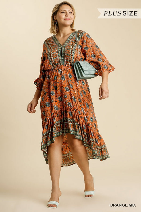 Umgee V-Neck Paisley Dress With High Low Hem