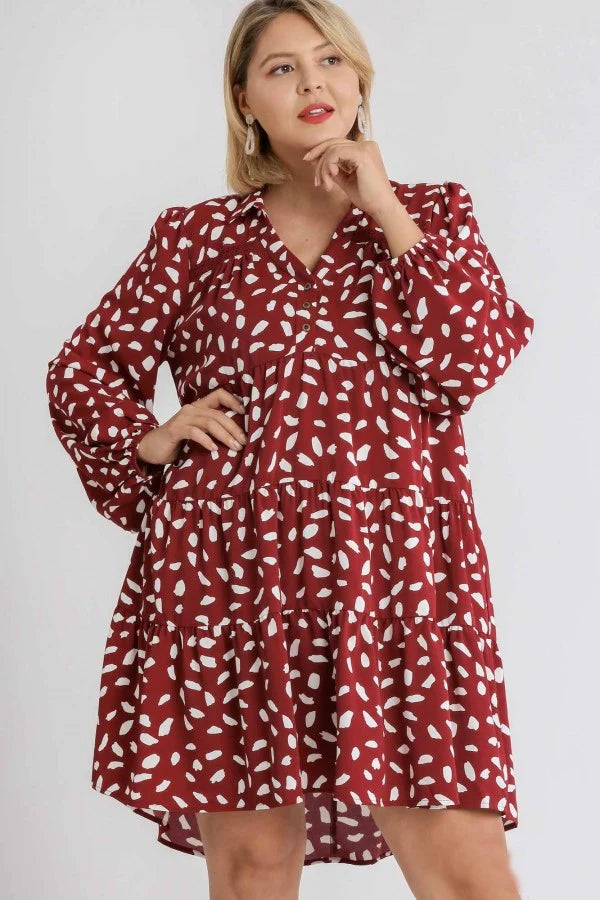 Umgee Animal Print Collar Button Front Long Sleeve Tiered Dress