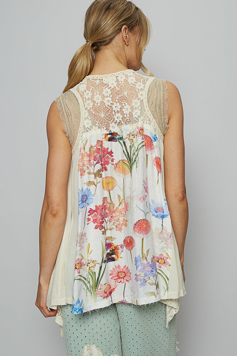 POL Sleeveless Printed Woven Lace Detail Vest