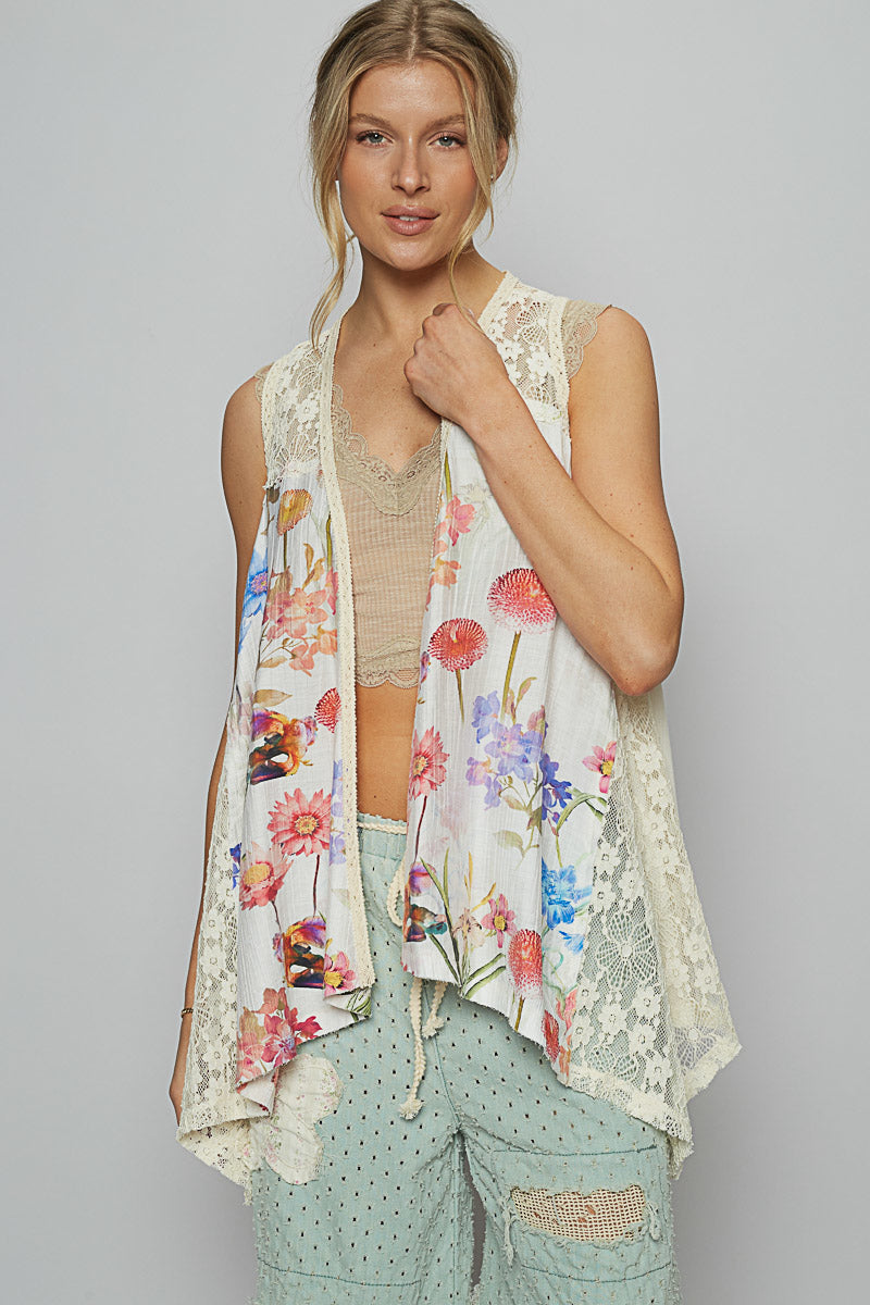 POL Sleeveless Printed Woven Lace Detail Vest
