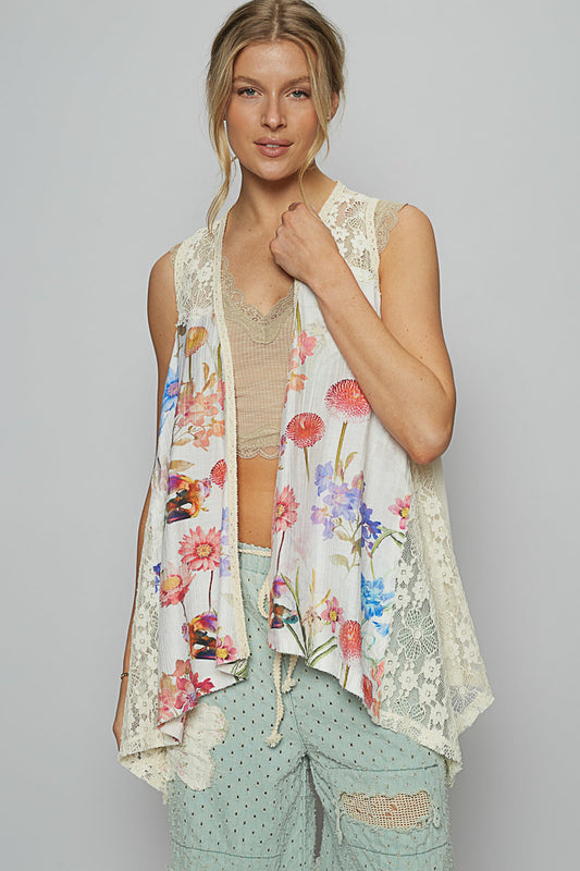 POL Sleeveless Printed Woven Lace Detail Vest