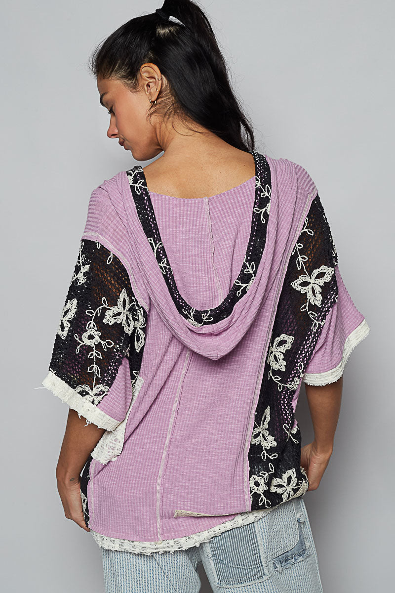 POL V-Neck Hoodie Rib Lace Detail Top