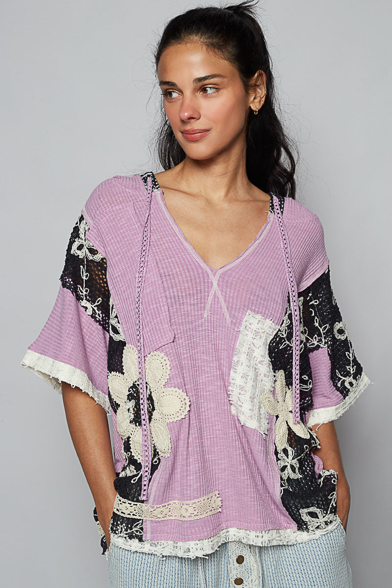 POL V-Neck Hoodie Rib Lace Detail Top