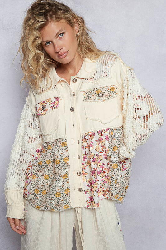 Pol Balloon Sleeve Crochet Lace Mix Top