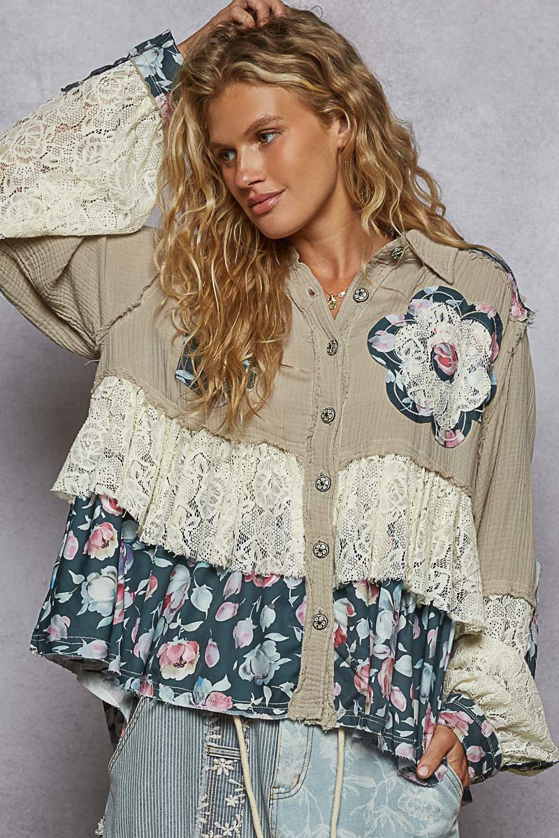 Pol Balloon Sleeve Gauze Lace Mix Ruffle Jacket