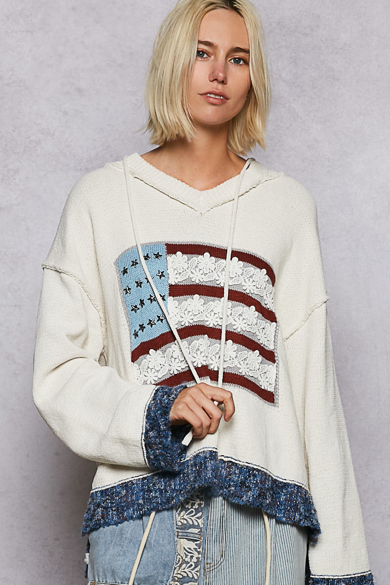 Pol V-Neck Star Studs Flag With Ribbed Band Hoodie