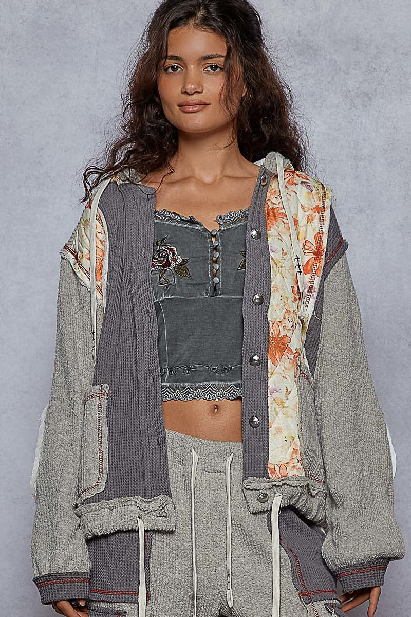 Pol Balloon Sleeve Thermal Quilted  Floral Detail Jacket