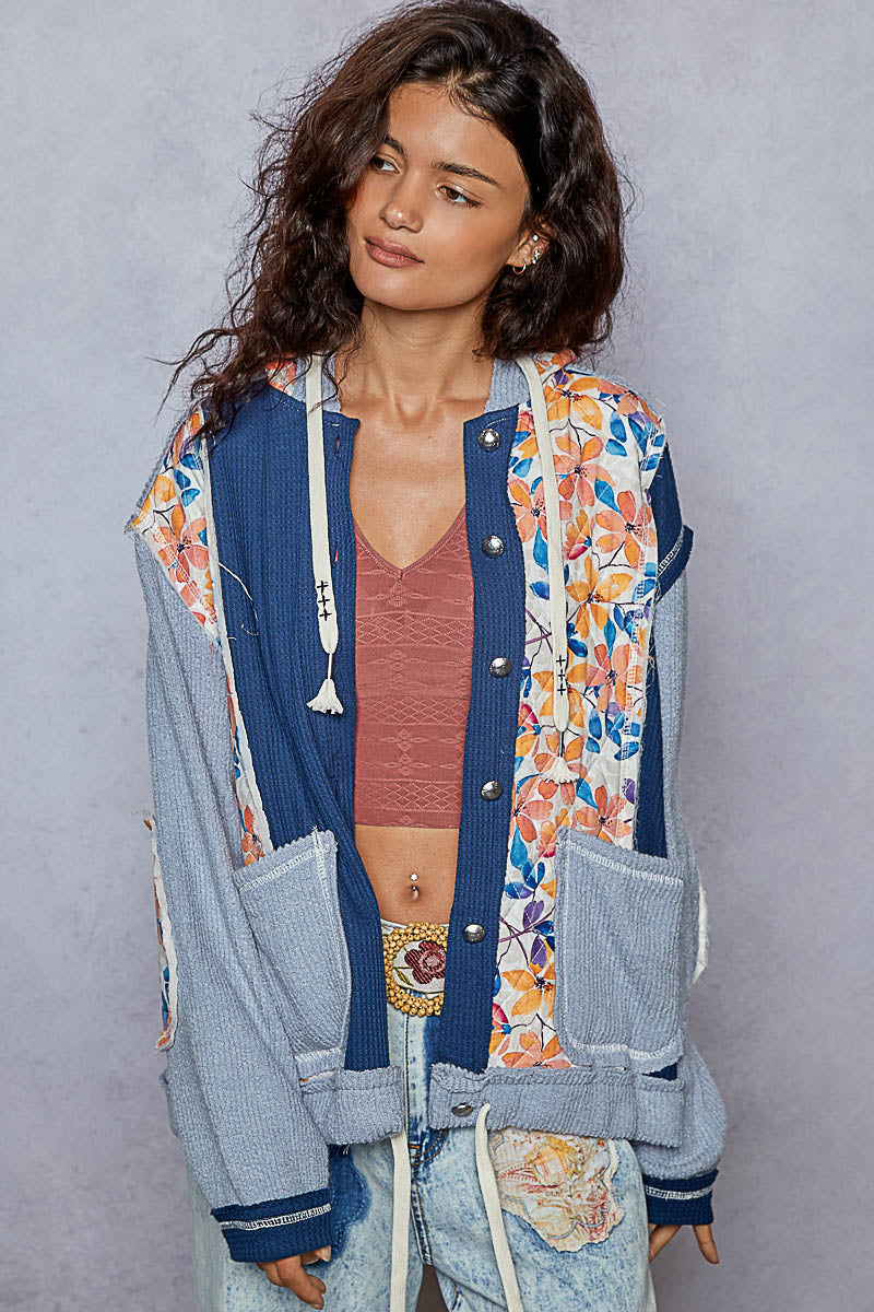 Pol Balloon Sleeve Thermal Quilted  Floral Detail Jacket