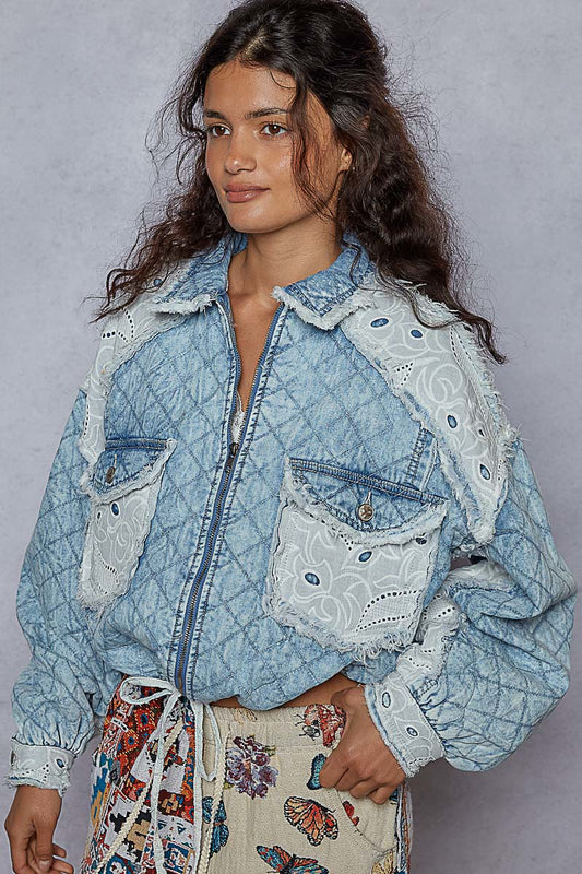 Pol Balloon Sleeve Denim Quilting With Drawstring Waist Jacket