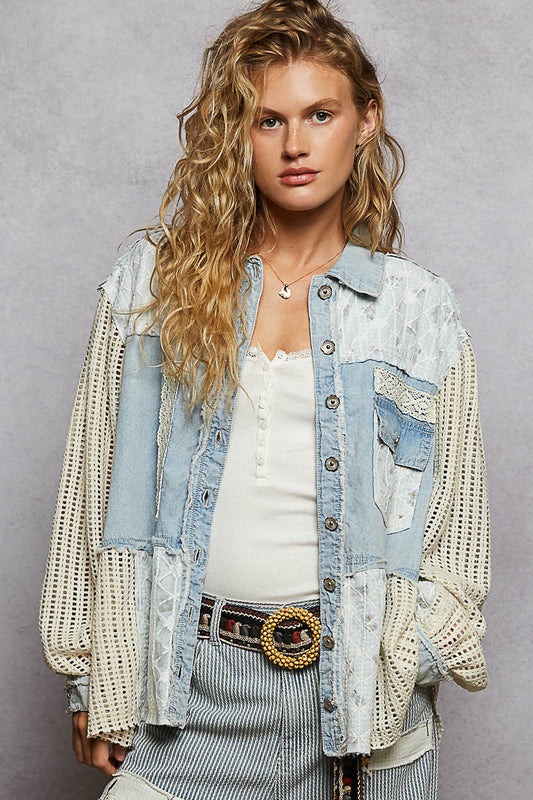 Pol Ballon Sleeve Twill With Lace Trim Floral Detail Jacket Top