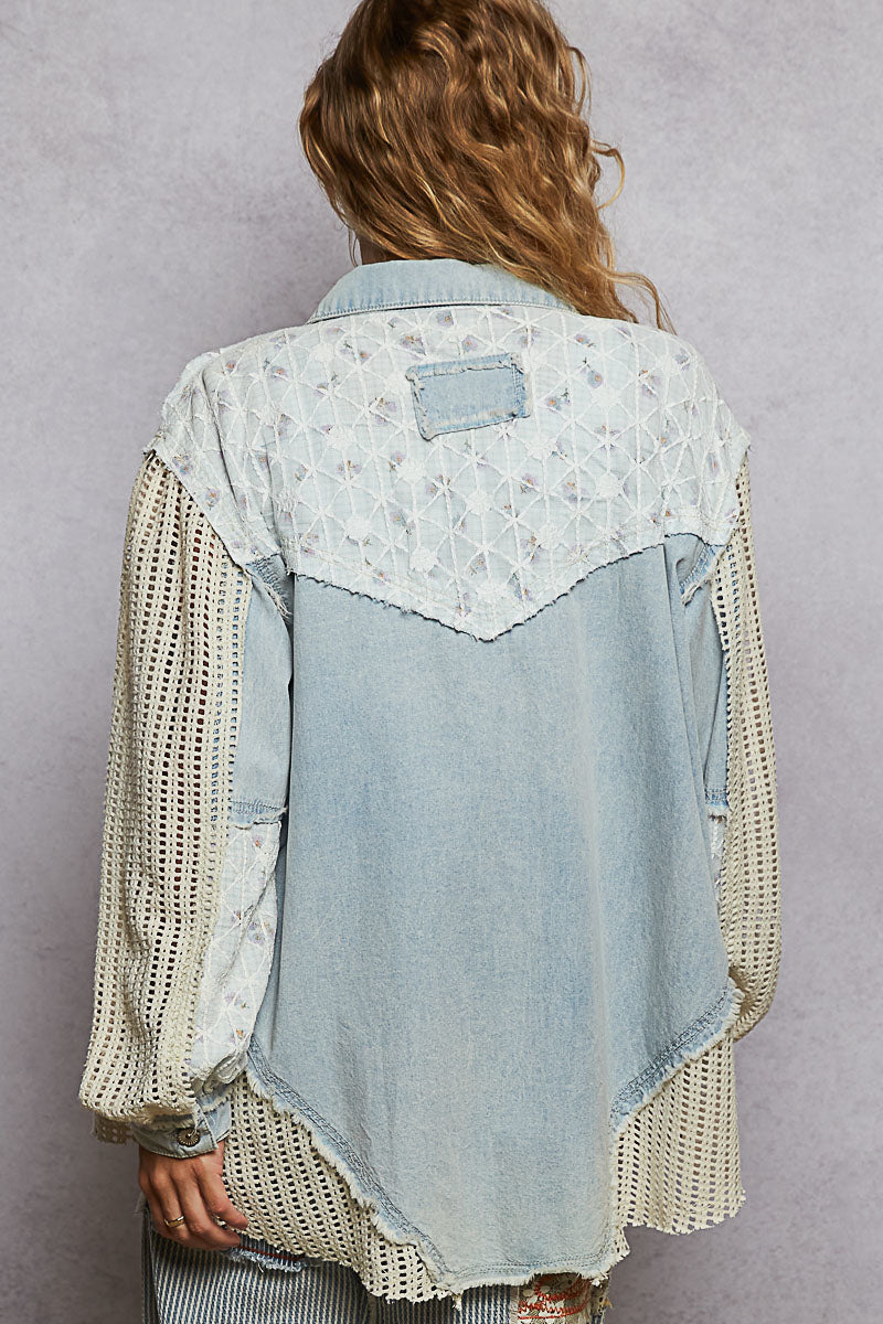 Pol Ballon Sleeve Twill With Lace Trim Floral Detail Jacket Top