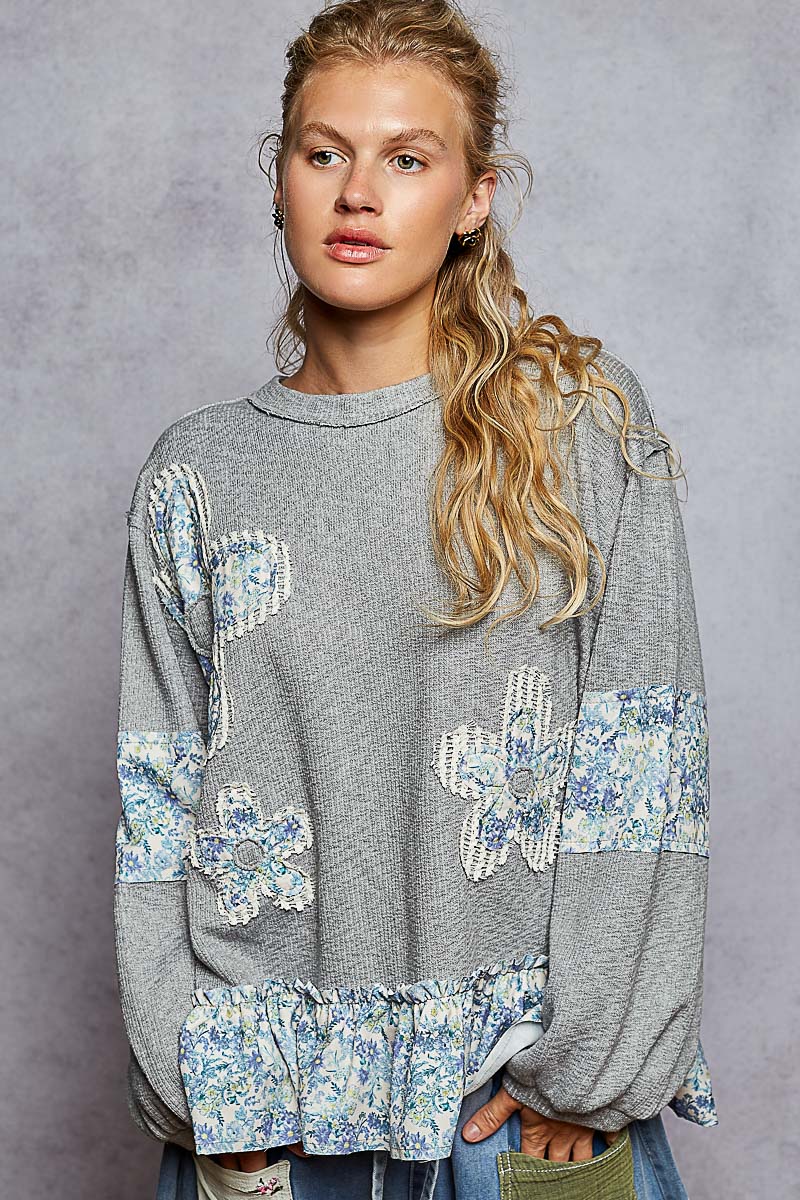 Pol Balloon Sleeve Flower W/Crochet Patch Top