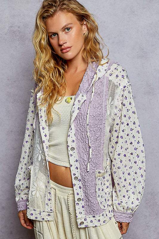 Pol Jacket W/Hood Balloon Sleeve & Lace Stich