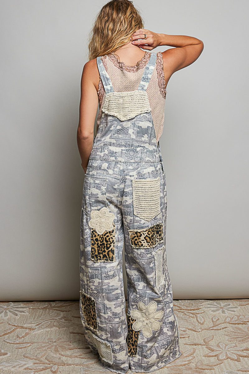 POL Roomy Fit Overalls Printed Twill Mesh Overlay Pocket  Patch
