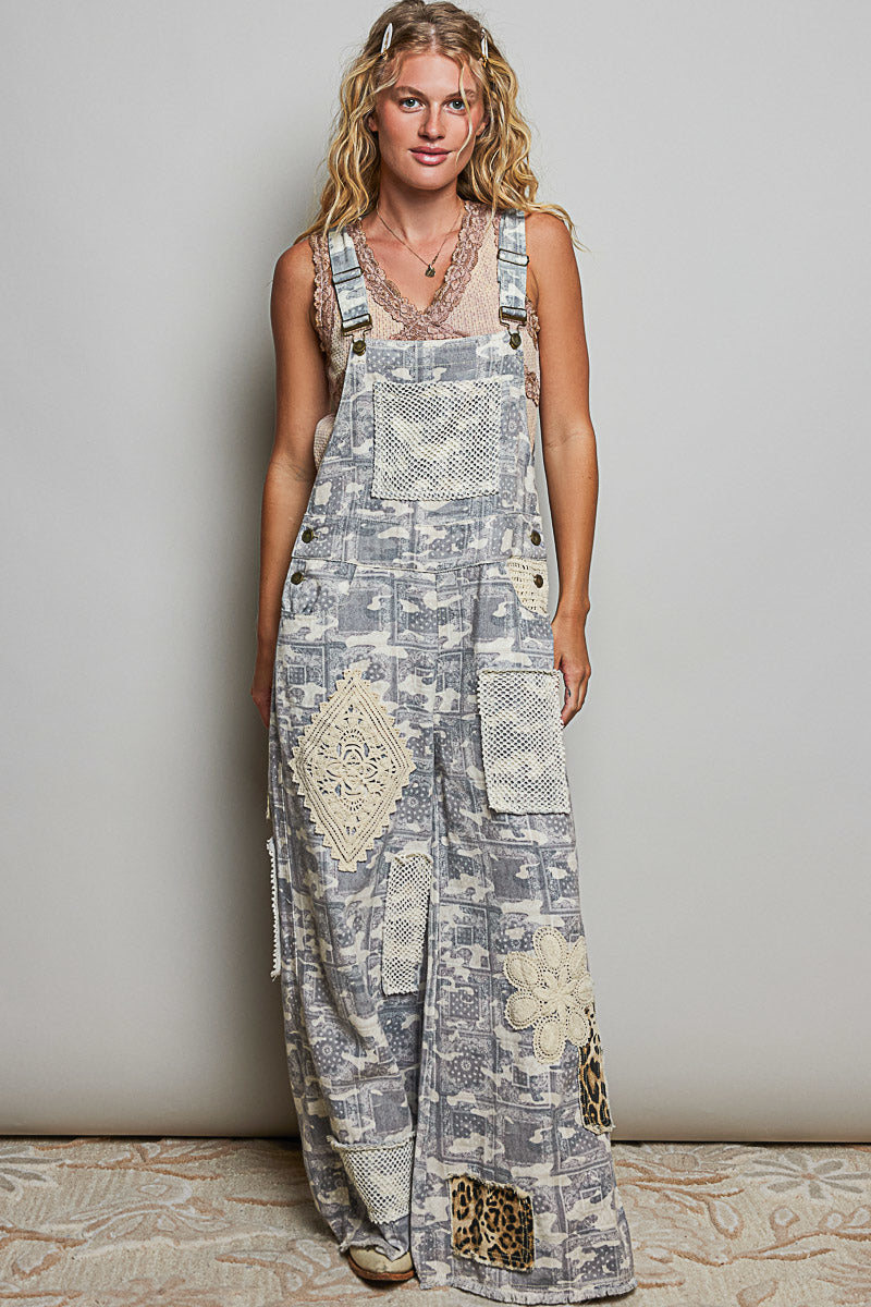 POL Roomy Fit Overalls Printed Twill Mesh Overlay Pocket  Patch