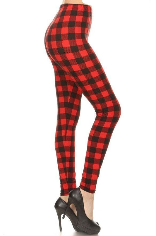 Red Ribbon Red Gingham Printed High Waist Leggings