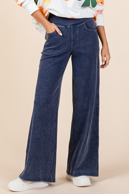 Mittoshop Washed Denim Elastic Waistband Wide Leg Pants