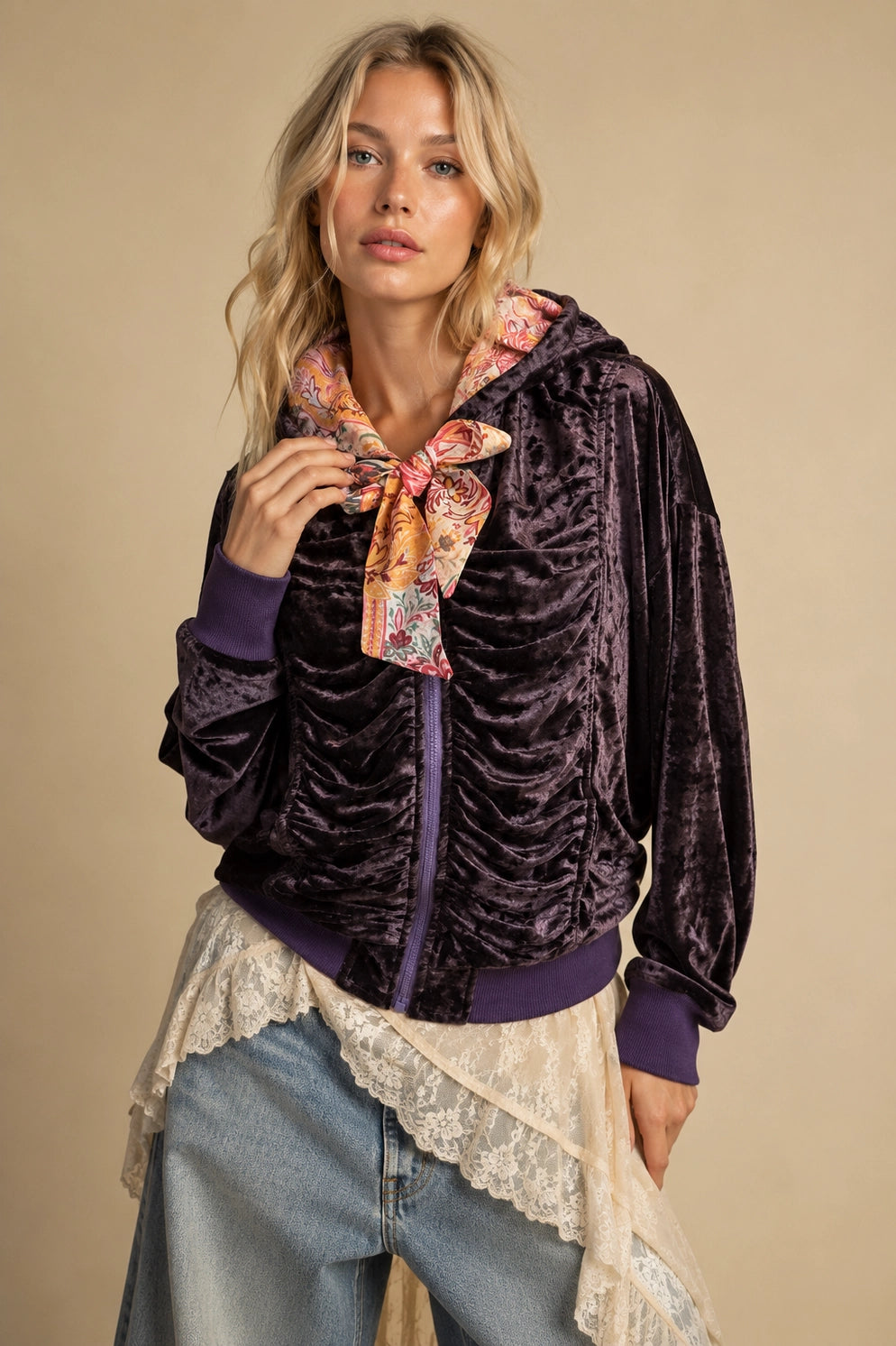 JNNA Luxe Crushed Velvet Ruched Zip Hoodie