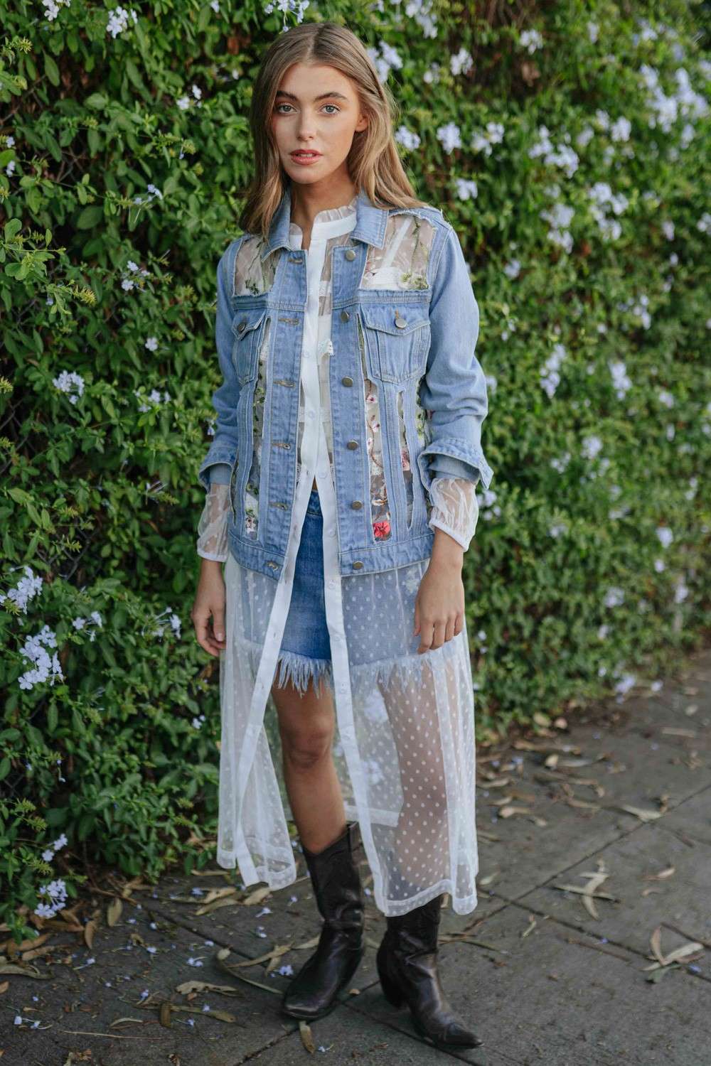 Davi & Dani Floral Embroidery Mesh Denim Jacket