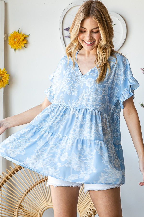 Heimish Floral LT Blue Babydoll Top