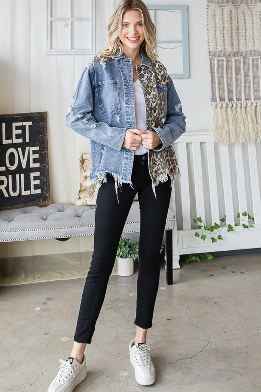 Oli & Hali Washed-Cheetah Print Denim Jacket