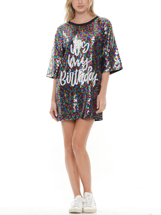 ATW Multi  Sequin "It's My B-Day" T-Shirt Dress