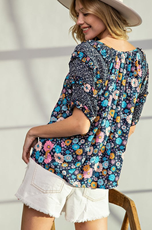 Easel Puff Sleeves Mix And Match Floral Top