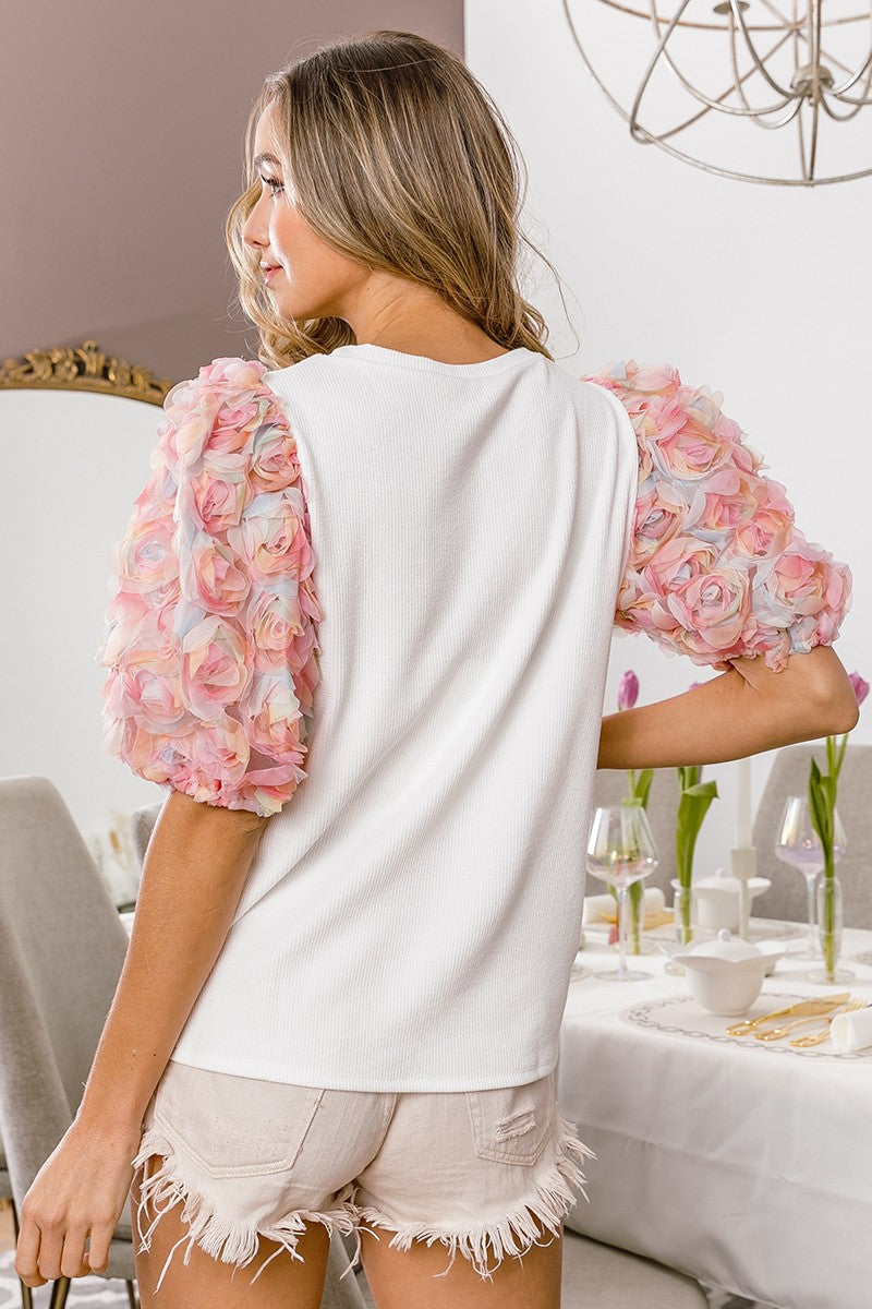 Bibi Floral Mesh Puff Sleeve Rib Knit Top