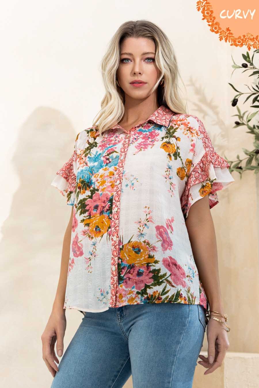 ODDI Tiered Ruffle Sleeve Floral Blouse