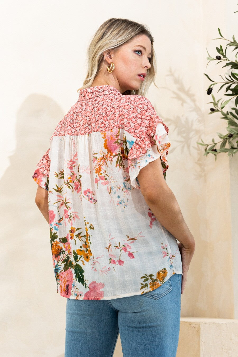 ODDI Tiered Ruffle Sleeve Floral Blouse