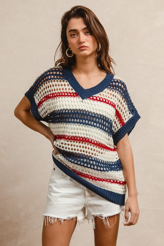 Bibi Stripes Drop Shoulder Open Knit Top