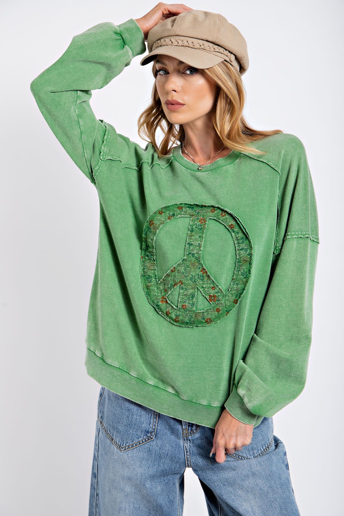 Easel Peace Sign Mineral Washed Sweatshirt The Clothing Loft Boutique