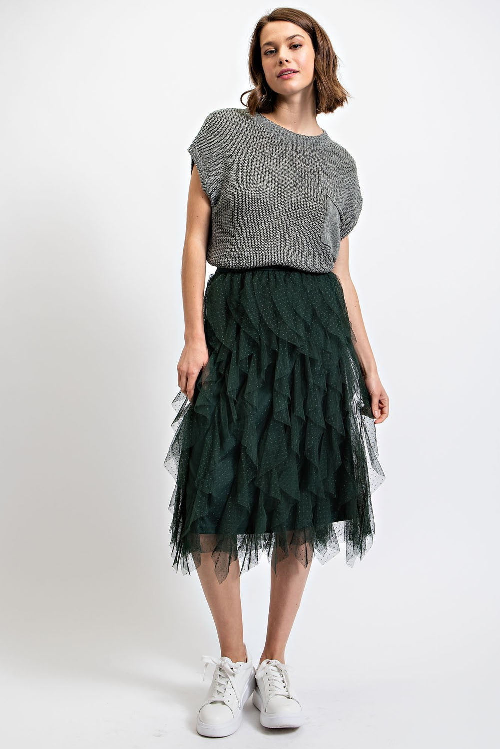 GiGio Ruffled Tulle Elastic Waist Midi Skirt